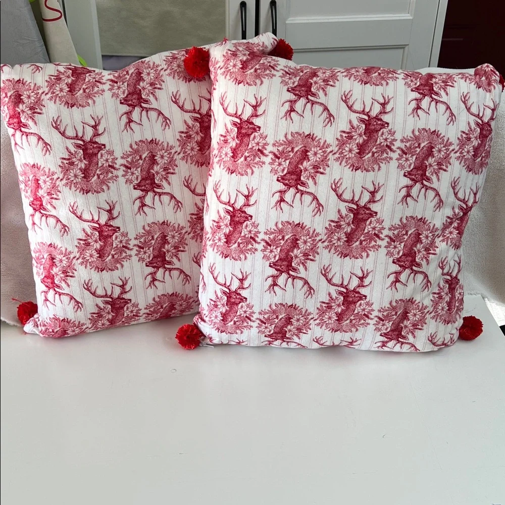 Handcrafted Red Reindeer Holiday Throw Pillow Set